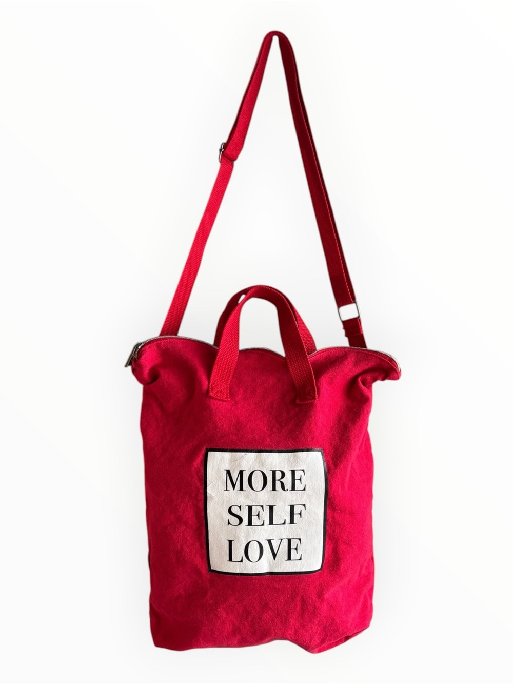 Red Canvas Tote Shoulder Bag More Self Love Graphic Adjustable Strap Zip Top